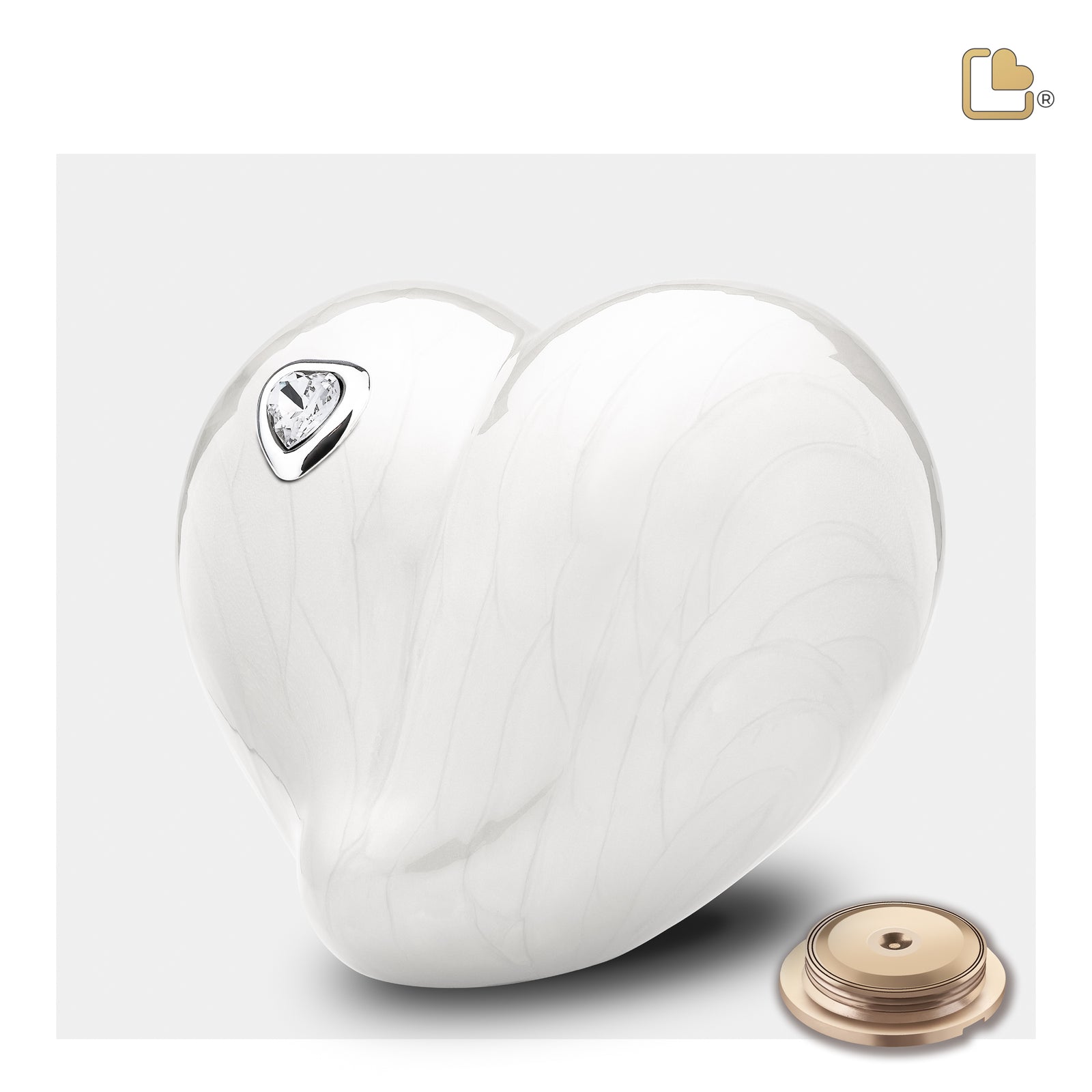 P1003   LoveHeart Child Urn Pearl White & Pol Silver w/Crystal