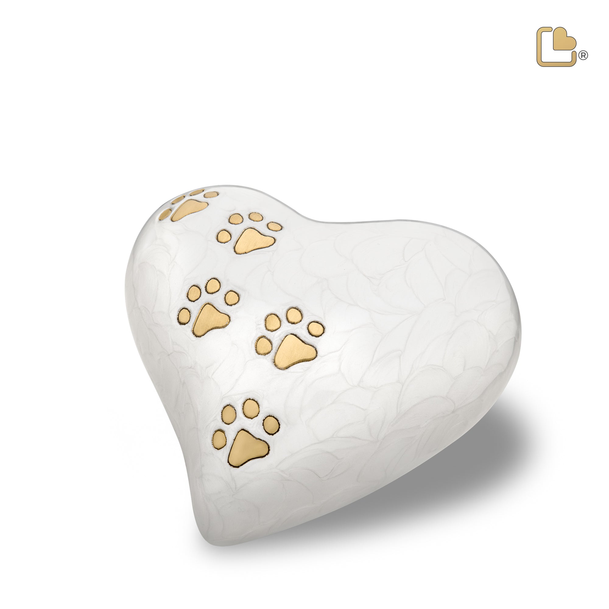 P638L   Large Heart Pet Urn Pearl White & Bru Gold