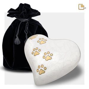 P638L   Large Heart Pet Urn Pearl White & Bru Gold