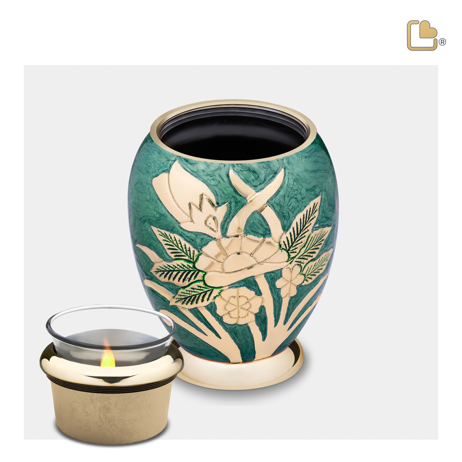 T221   Rose Tealight Urn Green & Pol Gold