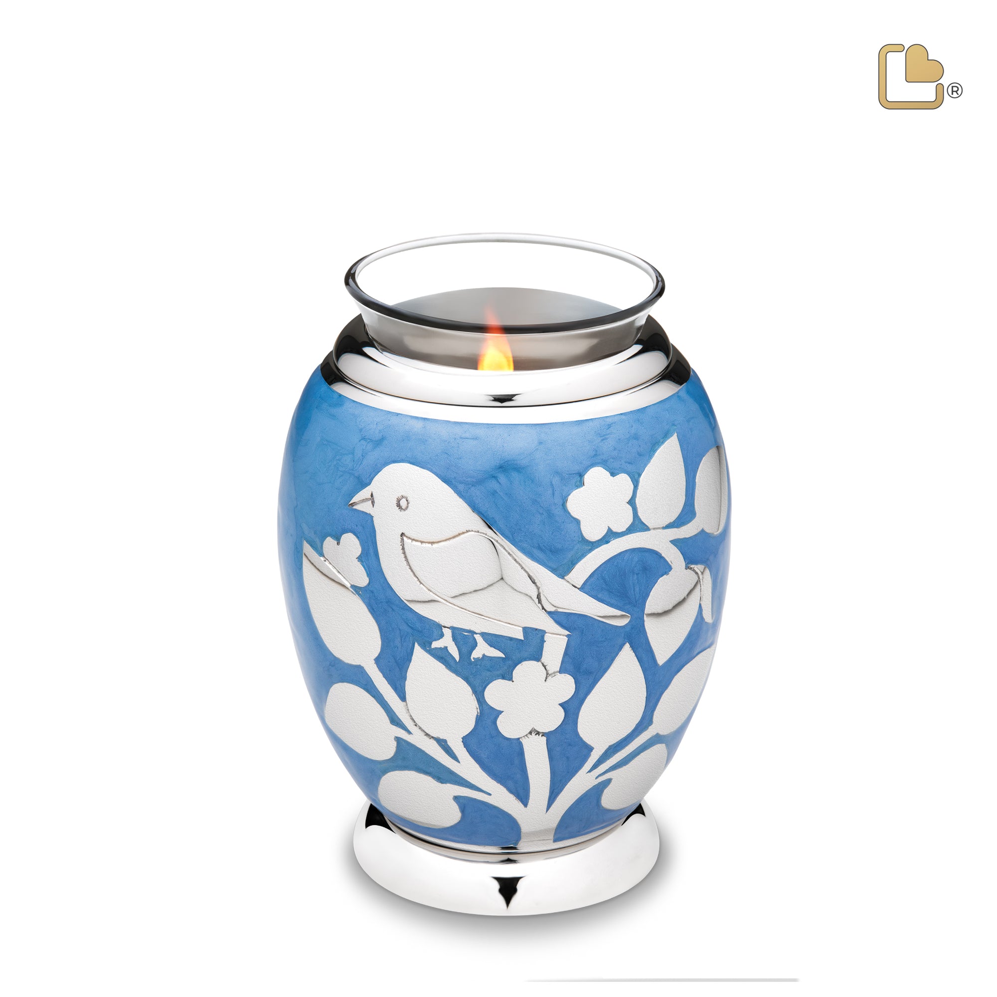 T280   BlessingBirds Tealight Urn Pearl Blue & Pol Silver