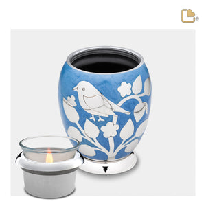 T280   BlessingBirds Tealight Urn Pearl Blue & Pol Silver