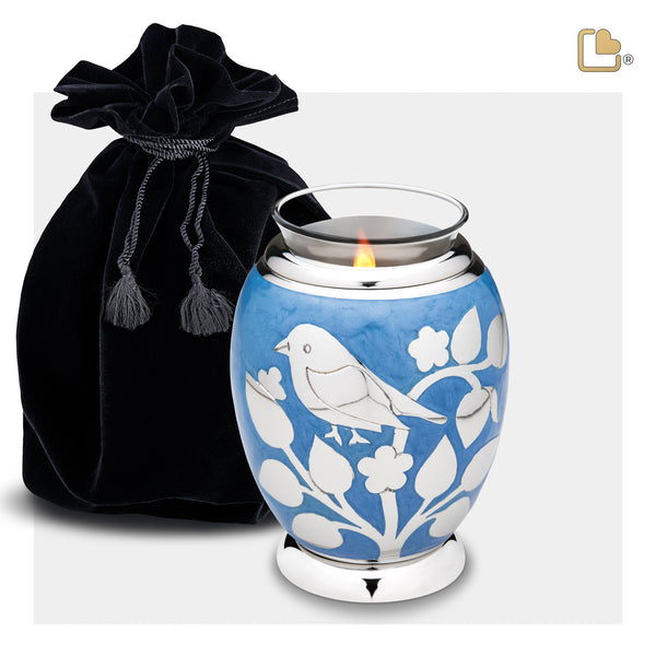 T280 BlessingBirds Tealight Urn Pearl Blue & Pol Silver