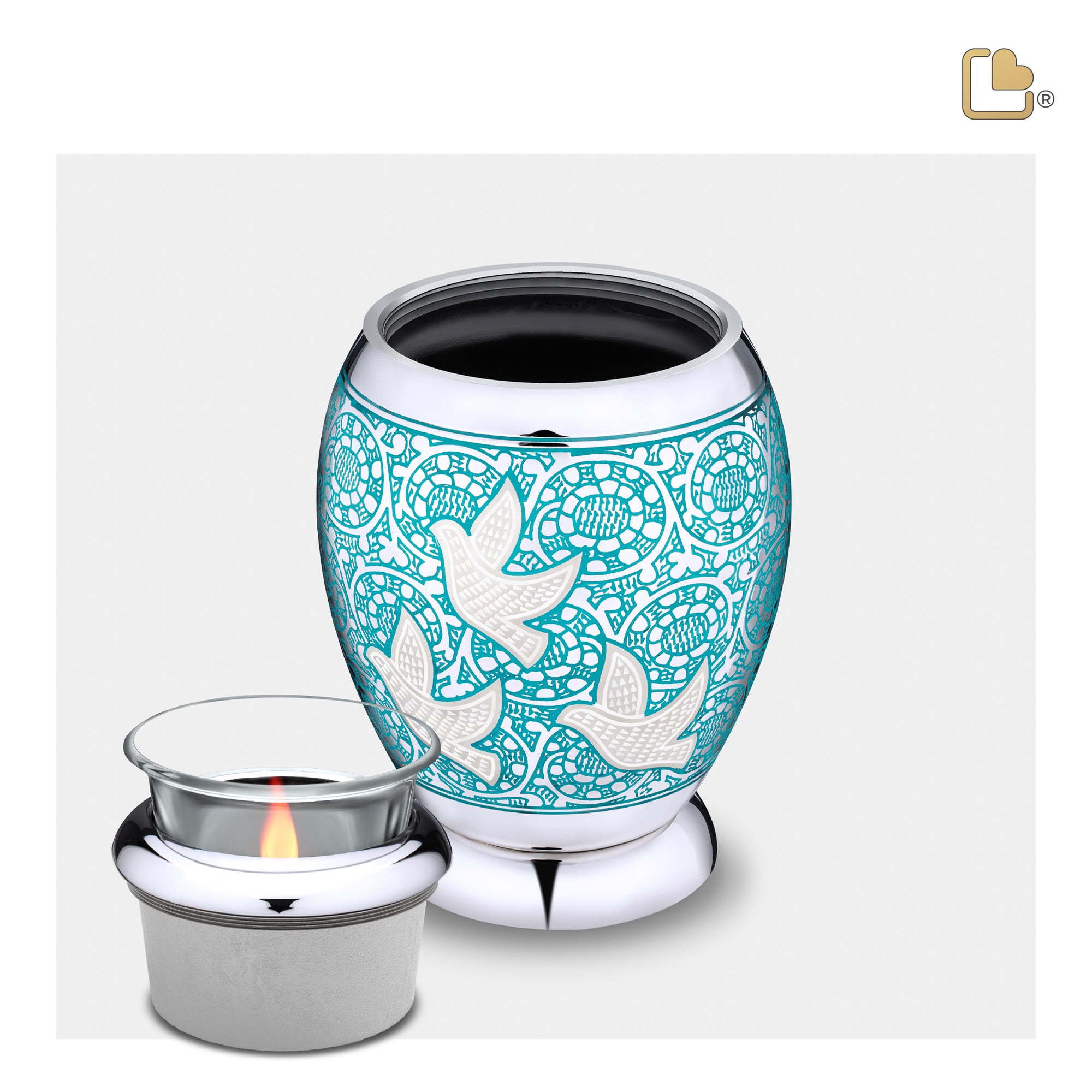 T501   Classic Soaring Doves Tealight Urn Blue & Pol Silver