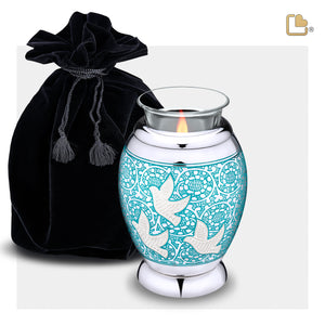 T501   Classic Soaring Doves Tealight Urn Blue & Pol Silver