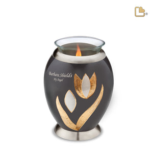 T502   Majestic Tulip Tealight Urn Midnight & Bru Pewter