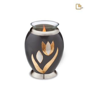 T502   Majestic Tulip Tealight Urn Midnight & Bru Pewter