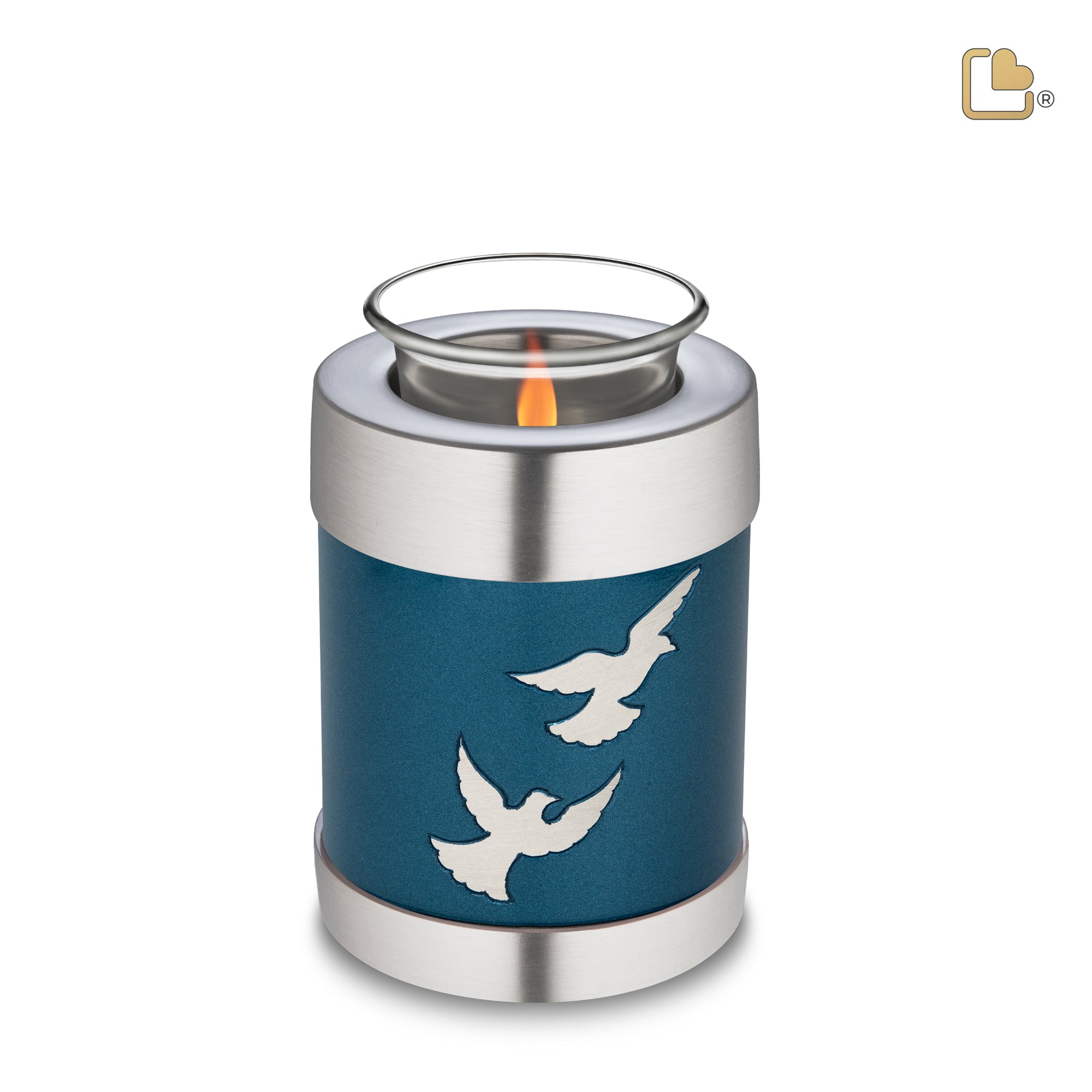 T572   Divine Flying Doves Tealight Urn Blue & Bru Pewter