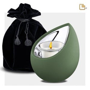 T585   Drop Tealight Urn Sage Green & Pol Silver