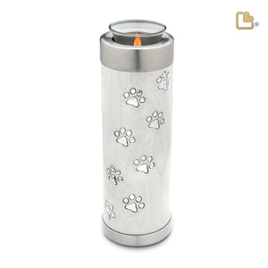 T658   Tall Pet Tealight Urn Pearl White & Bru Pewter