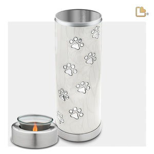 T658   Tall Pet Tealight Urn Pearl White & Bru Pewter