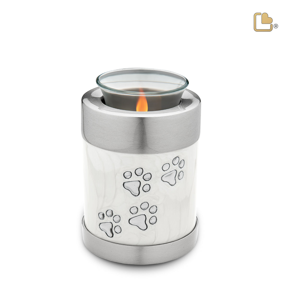 T659   Pet Tealight Urn Pearl White & Bru Pewter