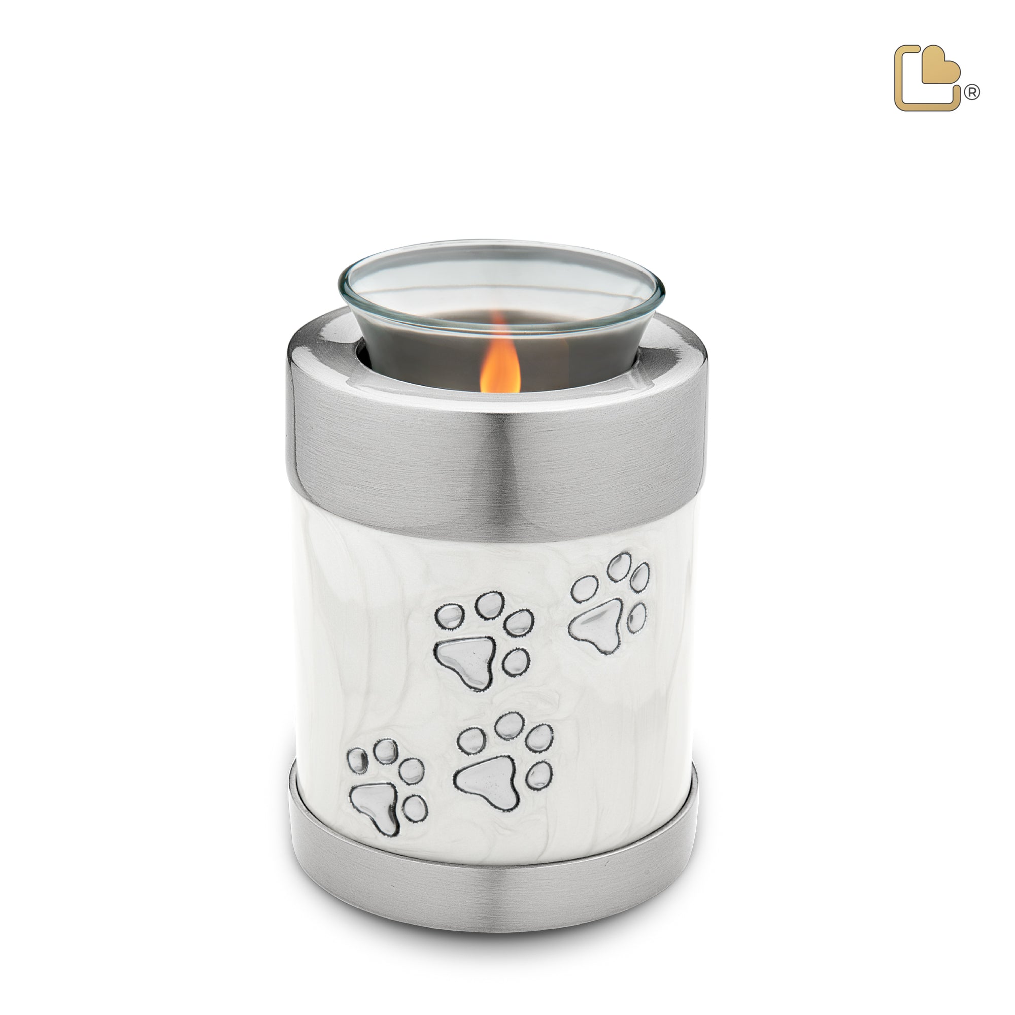 T659   Pet Tealight Urn Pearl White & Bru Pewter