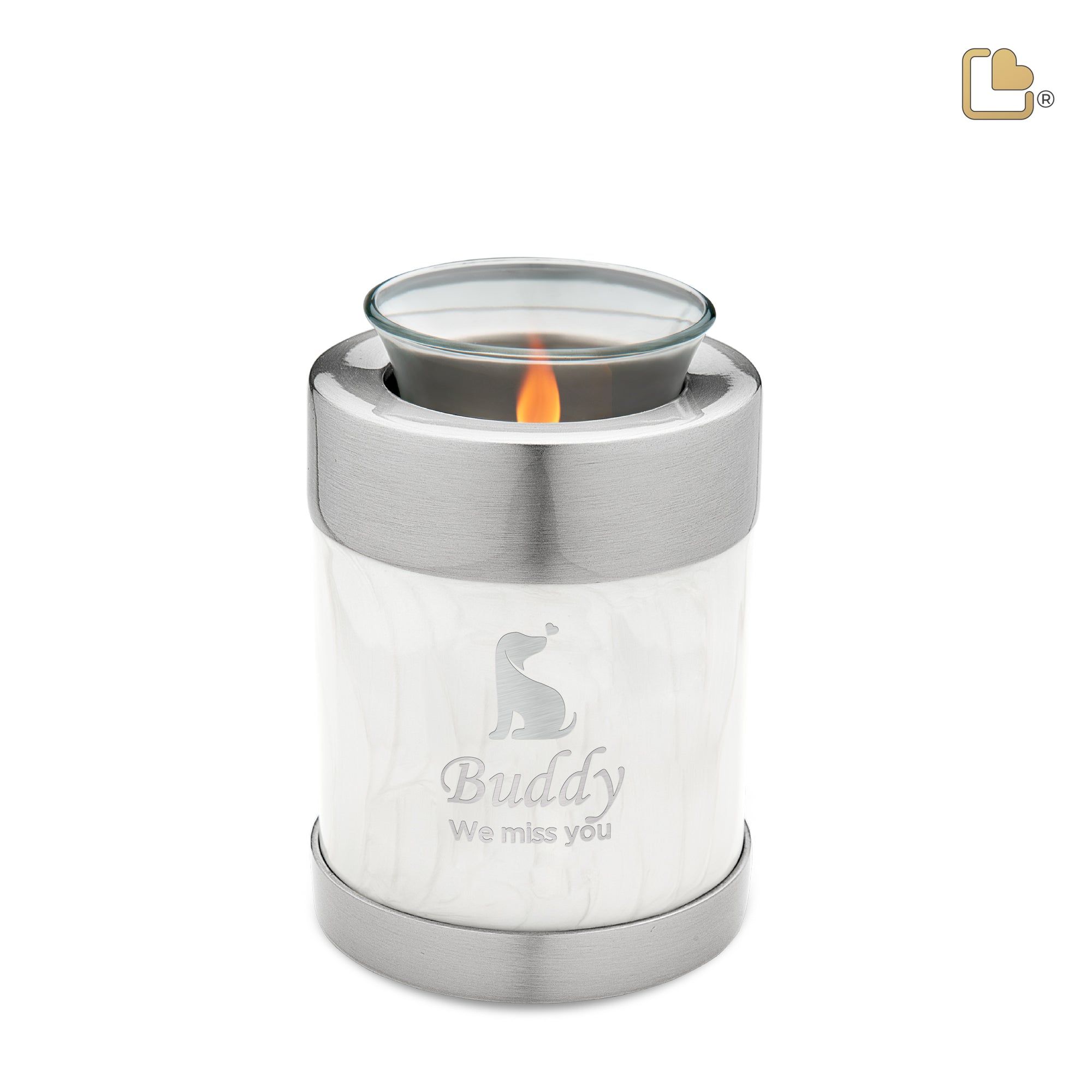 T659   Pet Tealight Urn Pearl White & Bru Pewter