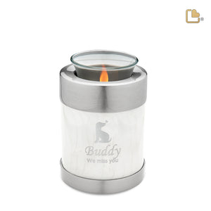 T659   Pet Tealight Urn Pearl White & Bru Pewter