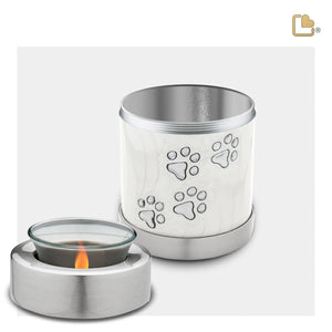 T659   Pet Tealight Urn Pearl White & Bru Pewter