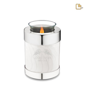 T671   Tealight Urn Pearl White & Pol Silver