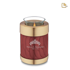 T674   Tealight Urn Pearl Crimson & Bru Gold