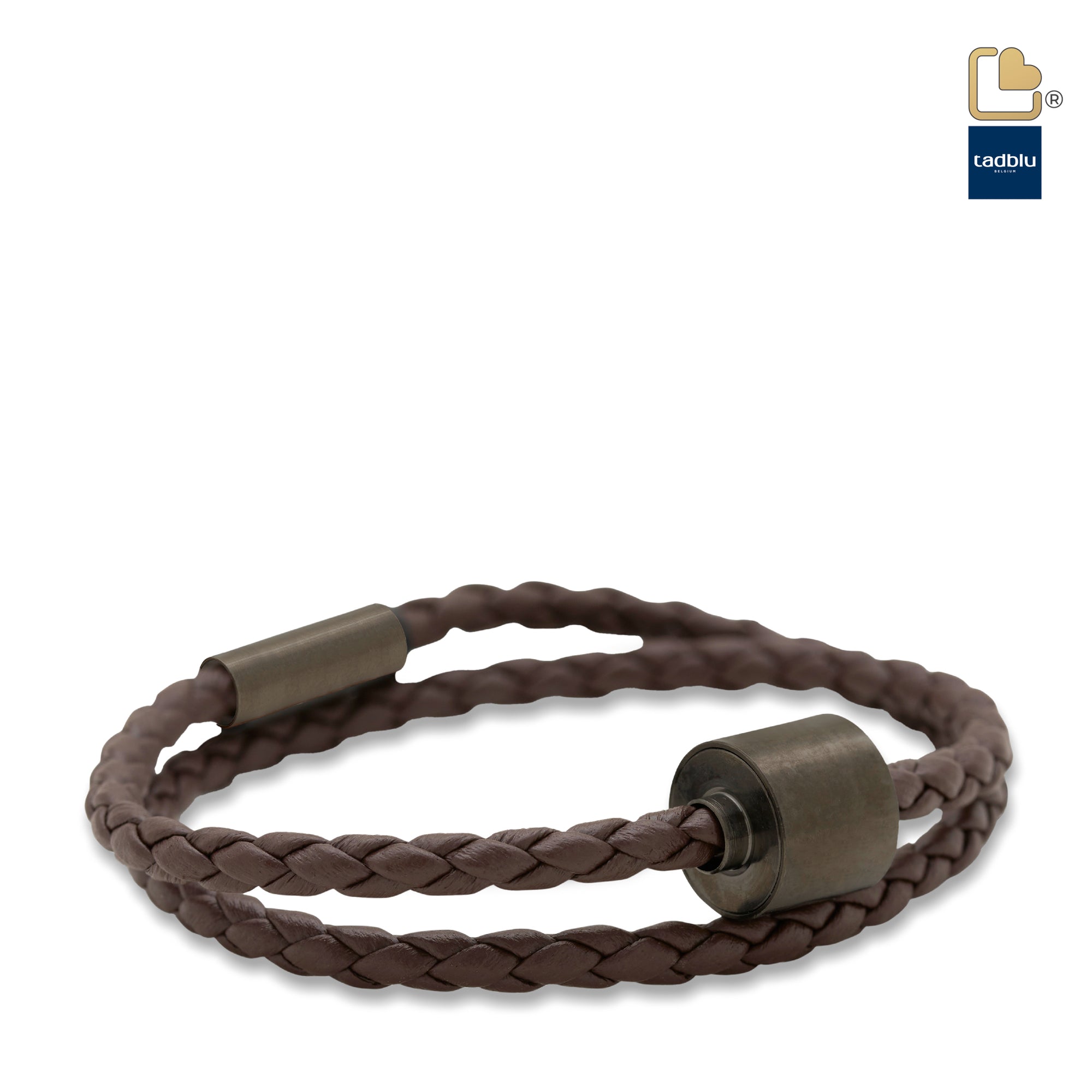 TB-BE-BB2-L   Memento Bracelet (L)  Braided Leather Black Ashes Bead Brown