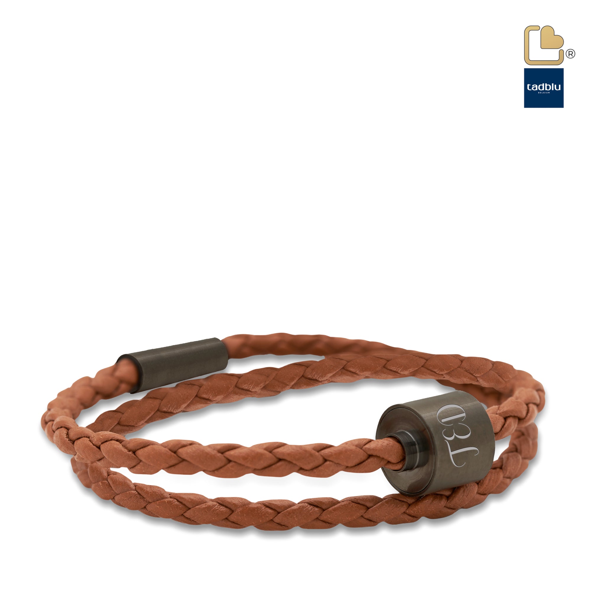 TB-BE-BB3-L   Memento Bracelet (L)  Braided Leather Black Ashes Bead Cognac